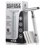 Safety Razor for Men with 15 Stainless Steel Double Edge Blades, Long Handle Men’s Single Blade Razors for Shaving, Upgraded Blades Reduce Razor Burns, Silver