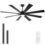 Uaikiea 72 inch Large Ceiling Fan with Light, Black Outdoor Ceiling Fans with 8 Reversible Blades Dimmable Modern Industrial DC Ceiling Fanfor Living Room Office Covered Patio