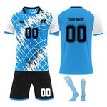 Football Kits for Kids and Adult, Personalised Football Shirt with Name Number Team Logo Football Shirts Shorts and Socks Set, Football Kits Gifts for Boys Men Sky Blue