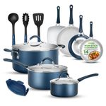 NutriChef 14-Piece Nonstick Cookware Free Heat Resistant Lacquer Kitchen Ware Set w/Saucepan, Frying Pans, Cooking, Dutch Oven Pot, Lids, Utensils, Brown NCCW14SBLU, Blue