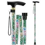 Easy Folding Walking Sticks for Women, Folding Extendable Walking Stick for Disabled, Adjustable Height Lightweight Walking Canes for Ladies Collapsible Walking Stick (Green Flower Print)