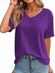 QUALFORT Womens V Neck T Shirt Short Sleeve Soft Lightweight Cotton Tee for Daily Casual Comfort Purple