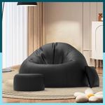 ComfyBean Faux Leather Bag with Beans Filled XXXXXL Bean Bag Comfy Originals-Bean Bag with Cushion and Footrest-Official:Comfynova Range-Comfort Level:Basic-(Matching Cushion Round:Black)