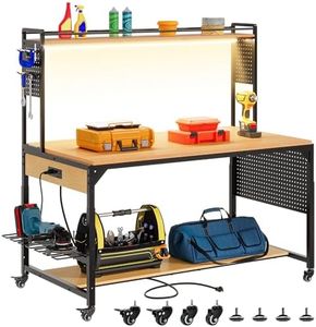 DWVO 59"x31" Adjustable Height Workbench with Pegboard and Storage Shelf, Heavy Duty Work Bench with Wheels, Load 1100lb, Work Table with AC/USB Outlet, LED Light, Hooks, for Garage, Workshop, Home