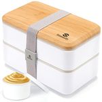 Bento Box Adult Lunch Box,All-in-1 Stackable Japanese Bento Lunch Box,(47oz) Lunch Containers with Food Compartments, Accessories and Sauce Container,Leak-Proof,Microwave Safe (White)