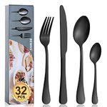 Cutlery Set, BEWOS 32 Piece Stainless Steel Flatware Set, Tableware Silverware Set with Matt Black Spoon Knife and Fork Set, Service for 8, Dishwasher Safe/Easy Clean