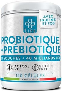 Probiotique Flore Intestinale Avec Prebiotiques 120 Gélules PiuLife® 40 Milliards UFC Dose, 20 Souches, Flore Intestinale, Bifidobacterium Et Lactobacillus, Ballonements Intestinaux Et Gaz, Colon