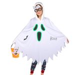 3PCS Halloween Ghost Costume for Kids, Glow in Dark Hooded Poncho with Pumpkin Basket and Skeleton Glasses for Boys Girls