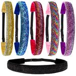 FROG SAC 6 Glitter Headbands for Girls, Adjustable No Slip Hair Bands for Kids, Stretch Elastic Sparkly Head Band Hair Accessories for Tweens, Cute Nonslip Hairbands for Teens