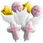 Xqumoi Religious Foil Balloons Party Decoration - 7Pcs Cross White Dove Star Aluminum Balloons for Baptism First Communion Party Supplies God Bless Christening Memorial Baby Shower Decor (Pink)