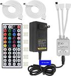 Hwylizg 2-Port 44 Key IR LED Light Remote,RGB Control Box+ DC 12V 3A LED Power Supply Led Light Adapter+ 2 Pack 3.3FT Extension Cable for 3528 5050 RGB LED Strip Lights(Not Compatiable 24V LED Lights)