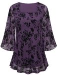 Luranee Chiffon Blouses for Women, Ladies Casual Square Neck 3/4 Sleeve Double Layer Dating Holiday Dressy Top Evening Wear Purple-Jacquard Medium