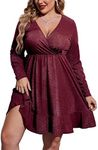 IN'VOLAND Plus Size Sequin Cocktail Dress Women's V Neck Skater Mini Club Cocktail Party Swing Dress Wine Red 26Plus