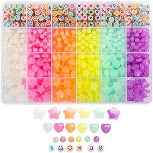 1020Pcs Candy Color Acrylic Alphabet Letter Beads Round Number Heart Star Beads Colorful Plastic Pastel Kandi Loose Beads Bulk for Bracelets Jewelry Making DIY Necklace Kit