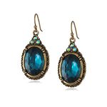 1928 Jewelry "Victorian Peacock" Blue Zircon Color Oval Faceted Brass Tone Drop Earrings