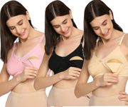 Evamomies Women's Cotton Lycra Full Cup Non-Wired & Non-Padded Feeding Bra | Nursing Bra | Maternity Bra (Pack of 3) (in, Cup Band, 36, D, 36, BlackSkinPink)