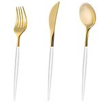 120PCS Gold Plastic Silverware - Disposable Flatware with White Handle, Gold Plastic Cutlery Includes 40 Spoons, 40 Forks, 40 Knives for Party, Dinner, Wedding