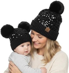 Funky Junque Mommy & Me Double Pom Beanies – Mama & Baby Mini Matching Winter Outfits, Mom & Newborn Infant Baby Girl Beanie Hat Set (2 Pack) - Sequin - Black