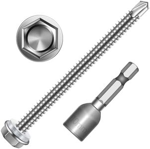 Mywish 100pcs #12×2-1/2" Self Drilling Screws for Metal, Self Tapping Screws for Metal 410 Stainless Steel, Hex Washer Head Self Drilling Screws, High-Strength Self Tapping Sheet Metal Tek Screws
