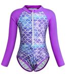 Jolikley Swimming Costume Girls Long Sleeve Bathing Suit Kids One Piece Swimsuit Mermaid Swimwear Zipper Mermaid Swimsuit for Surfing Swimming Girls Full Body Swimsuit Wetsuit Age 7-8 Years,Purple