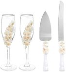 Sparkle and Bash 4 Piece Cake Knife and Server Set with Seashell Champagne Glasses for Beach Wedding Decorations