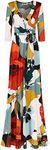 Bon Rosy Women's Super Stretchy Maxi Party Dress Summer Beach Faux Wrap 3/4 Sleeve V-Neck Floral Print, Orange Green, Medium