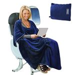 Portable Travel Blanket Airplane Office 4 in 1 Micro Mink Fleece Poncho Blanket Folable with Pocket and Built-in Bag - Great for Airplane Car Train Travel - Ultra Soft and Cozy, Cobalt Blue