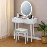 CHARMAID Vanity Set with Lighted Mirror, 3 Modes Adjustable Brightness Mirror, Makeup Dressing Table with Cushioned Stool, 2 Sliding Drawers with Divider, Modern Bedroom Vanity for Girls Women (White)