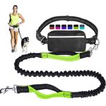 Hands Free Dog Leash for Running Walking Training Hiking, Dual-Handle Reflective Bungee, Poop Bag Dispenser Pouch, Adjustable Waist Belt, Shock Absorbing, Ideal for Medium to Large Dogs (Black+Green)