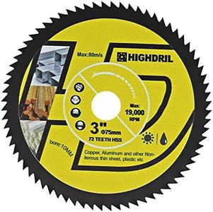 HIGHDRIL HSS Circular Saw Blade - 3inch/75mm 72T 10mm Bore Cutting Disc for Wood, Copper, Aluminum, Plastic and Soft Metal Yellow