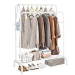 Holdfiturn Double Clothes Rail, Multifunctional Clothing Rail for Bedroom, 110 * 55 * 144cm Metal Hanging Rails, Heavy Duty Clothes Rack, Coat Rack, Garment Rack with Shoe Storage Shelf White