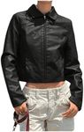 MakeMeChic Women's Crop Faux Leather Jacket Vintage Long Sleeve Collar Zip Up Biker Motorcycle Jackets Coats Black A Large