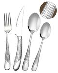 SHEUMNT 24 Pieces ​Modern Black Hammered Cutlery Set with Ultra Sharp 2-in-1 Serrated Knive, 18/10 Stainless Steel Silverware Set, Titanium ​Plated Flatware Set for 6 People, Knives Forks Spoons Set