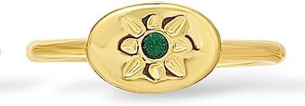 Lucky Feather May Birthstone Ring for Women - 14K Gold Plated Signet Ring with Unique Starburst Pattern - Fully Adjustable Emerald Birthstone Rings make adorable gifts for Women and Teen Girls