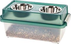 IRIS USA 13 Lbs./12 Qt. Medium Elevated Feeder with WeatherPro Airtight Pet Food Storage Container, Dry Food Bin with Removable Dog Bowls in Lid, At Home or Camping Pet Food Container, Green