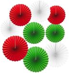 Red Green and White Paper Fans Hanging Party Decorations for Christmas Party Decorations,Pack of 9