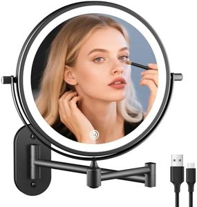 FUNTOUCH Rechargeable Wall Mounted Lighted Makeup Vanity Mirror 8 Inch Double Sided 1X 10X Magnifying Bathroom Mirror, 3 Color Lighting, Touch Dimming, Extended Arm 360 Rotation Light up Mirror Black