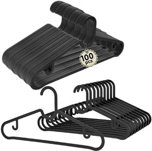 OKAM Slim Plastic Coat Hangers 100 Pack - Thin, Flat, Black Clothes Hangers - Light-Weight, Ideal for Shirt, Dress, Pant, Camisole, Jeans, Skirt, Trouser, Top, Singlet, Coats - Bulk Pack Cloth Hanger