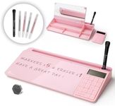 TOWON Desktop Whiteboard with Electronic Calculator and Mirror, Pink Desk Glass Whiteboard Organized, Glass Desktop Dry Erase Board with Accessories for Home Office Supply, Keyboard Dry Erase Notepad