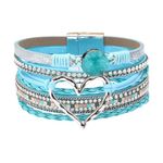 KunBead Leather Sparkly Wrap Blue Heart Bracelets for Women Handmade Braided Boho Multilayer Buckle Bracelet Wristband Cuff Bangle Boho Bohemian