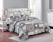 Brilliant Sunshine Grey Heart Love Patchwork, 3-Piece Quilt Set with 2 Shams, Reversible Bedspread, Soft Lightweight Coverlet, All-Season, Full/Queen, Grey