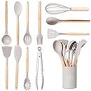 BASVII 12 Piezas Juego de Utensilios de Cocina de Silicona, Fabricado en Silicona y Mangos de Madera, Resistente al Calor Antiadherente, Utensilios Cocina Apto para Todas Las Ollas y Sartenes