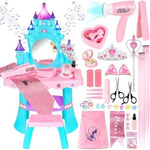 EULRGAUS Toddler Vanity, Kids Vanity Table and Chair Set with Mirror, Light and Music, Little Girl Vanity with Hair Salon Toys for Ages 2-4 Girls, Toddler Girl Toys Gifts for 3 Year Old Girl