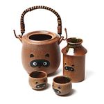 Mino Ware Japan Traditional Japanese Pottery Set – Exquisite Ceramic Sake Set – Japanese Sake Set – ese Pottery – 4 pieces Tanuki Raccoon Sake Set with Warmer, Sake Bottle and Sake Cups