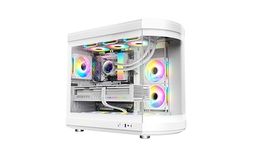 iONZ KZ-T22 Full ATX PC Gaming Case with Curved Panoramic Tempered Glass Dual Chamber, Front I/O USB Type-C | includes 6 ARGB PWM Infinity Fans | White