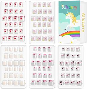 Allstarry 120pcs 5 pack French Children Nails Press on Pre-glue Full Cover Short French False Nail Kits Lovely Gift for Children Little Girls Nail Art Decoration (Flower Series)