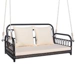 COSTWAY Hanging Porch Swing Chair, 1/2 Person Rattan Woven Hammock Chair with Back and Seat Cushion, Indoor Outdoor Front Porch Hanging Seat (Off White + Mix Gray, 115 x 59 x 54 cm)