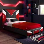 X-Rocker Cerberus Gaming Bed, 3ft Single Bedstead Frame, Wooden Slats, PU Faux Leather Upholstered Headboard, Low Footboard, Ideal for Teens, Kids, Red Black White with 90x190cm Mattress Included