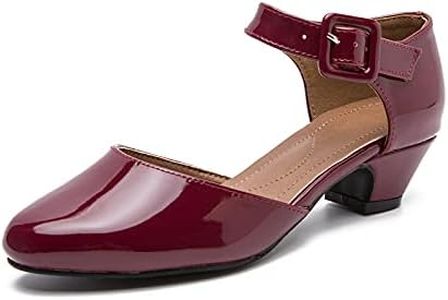 Enelauge Women's Ankle Strap Closed Toe Low Chunky Heel Dress Work Pumps, Wine Red, 5 US