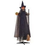 HOMCOM 190cm 75" Witch with Broomstick Outdoor Halloween Decoration, Halloween Animatronic with Sound Activated, Light Up Eyes, Sound Effects, Animated Prop for Haunted House